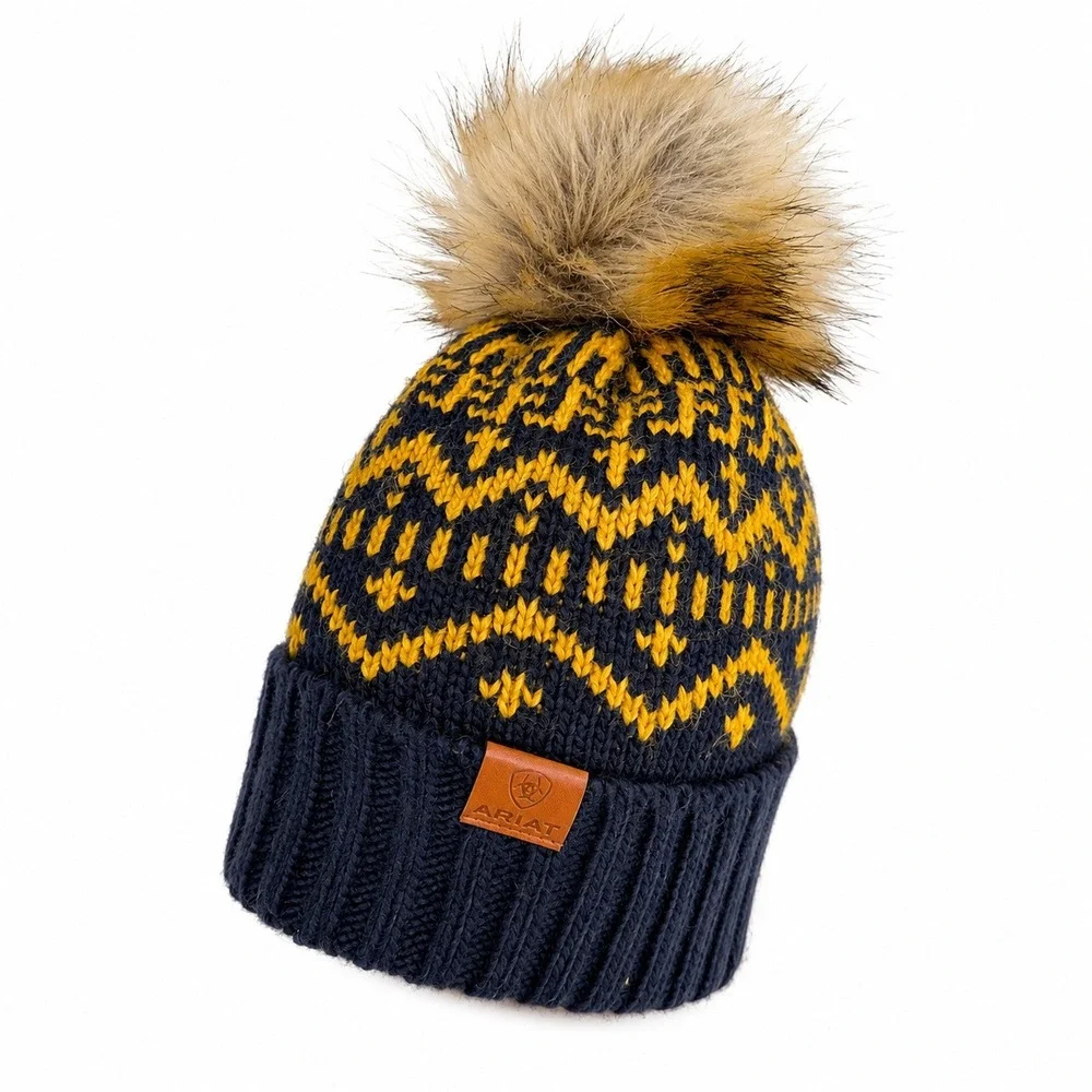 Ariat Beanie Fair Isle Fleece Lined Faux Fur Pom Knit Navy Yellow Warm Outdoor
